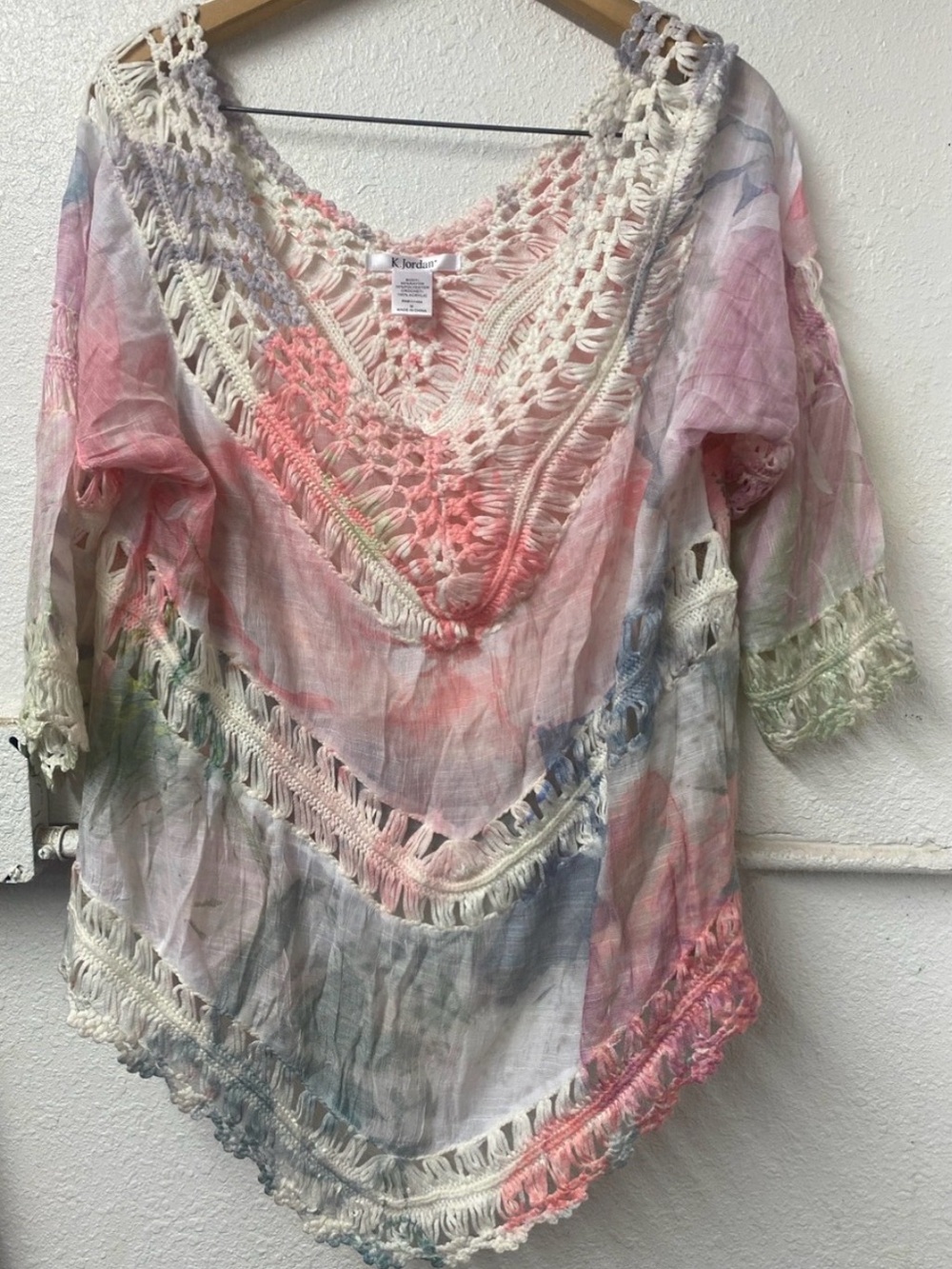 K. Jordan -Crochet V-Neck Multicolor Boho Top - Pink Tie-Dye - M